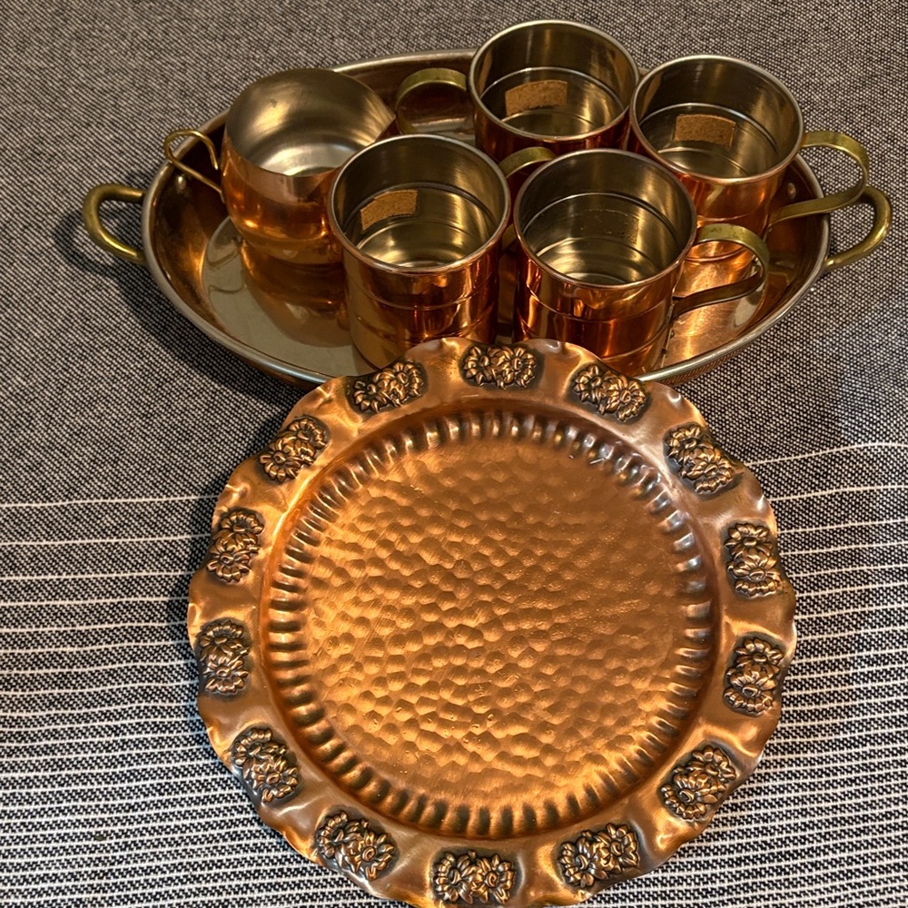 Elegant Copper Serveware Set with Mugs and Tray